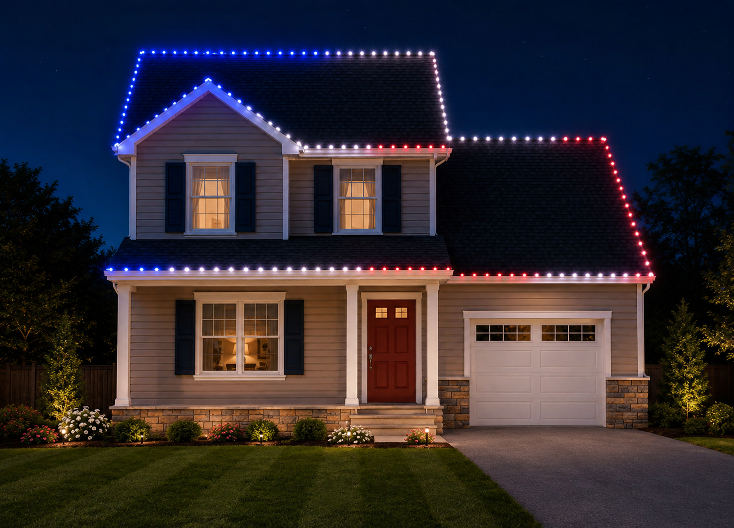 Home illuminated with colorful roofline and gutterline lights