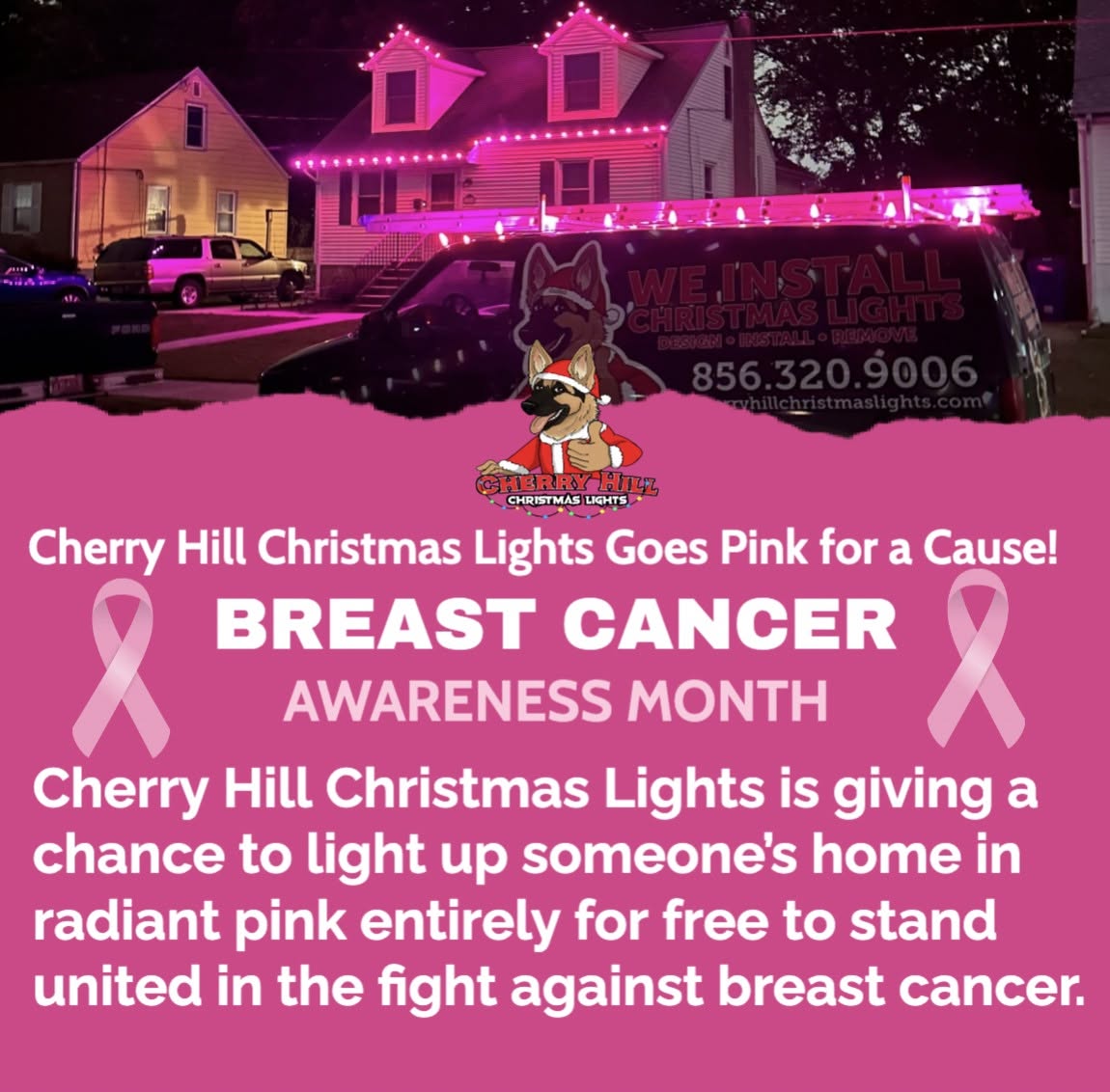 Cherry Hill home illuminated in pink by Cherry Hill Christmas Lights
