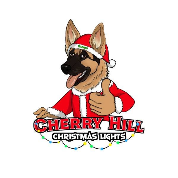 Cherry Hill Christmas Lights logo: Gizmo the German Shepherd in a Santa suit